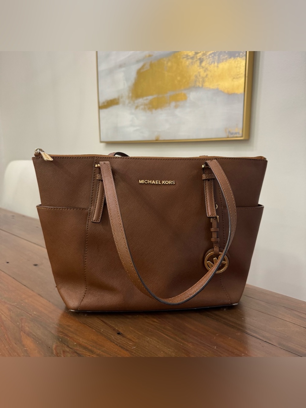 Michael Kors Jet Set Large Crossgrain Leather Top-Zip Tote Bag Color: Luggage